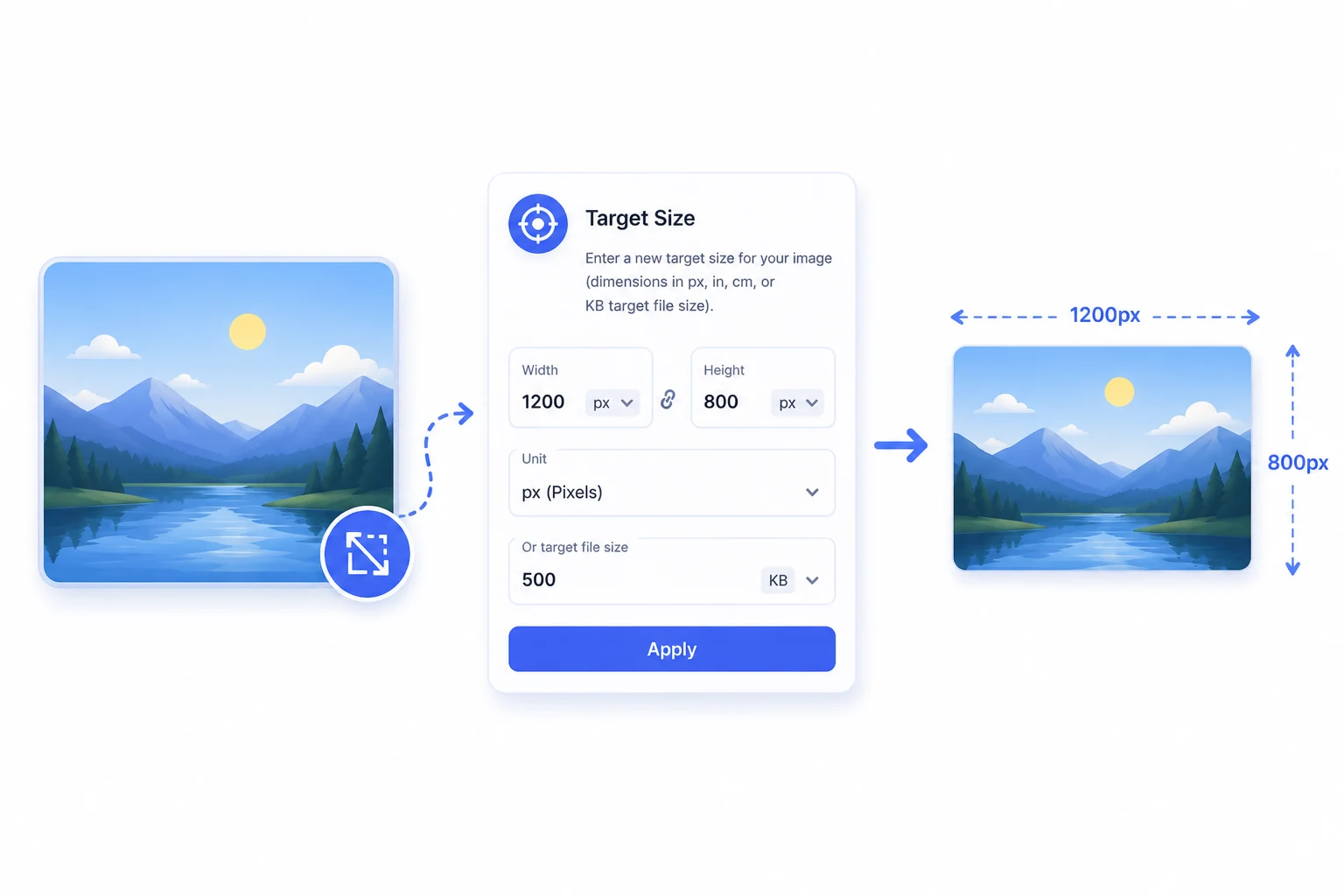 Step 2: Enter target size in pixels, inches, cm, mm, or KB target file size